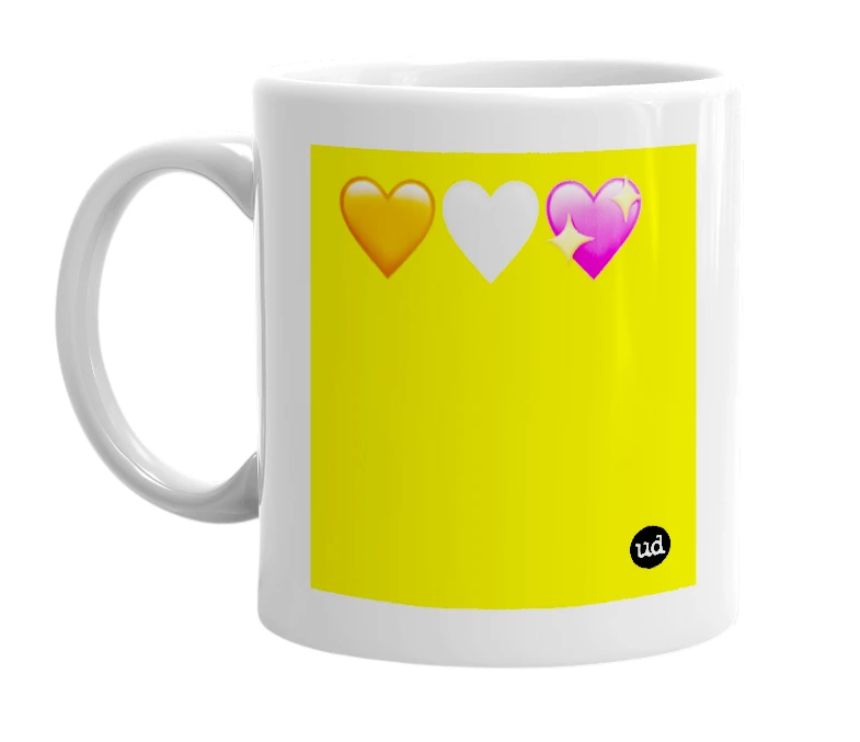 White mug with '🧡🤍💖' in bold black letters