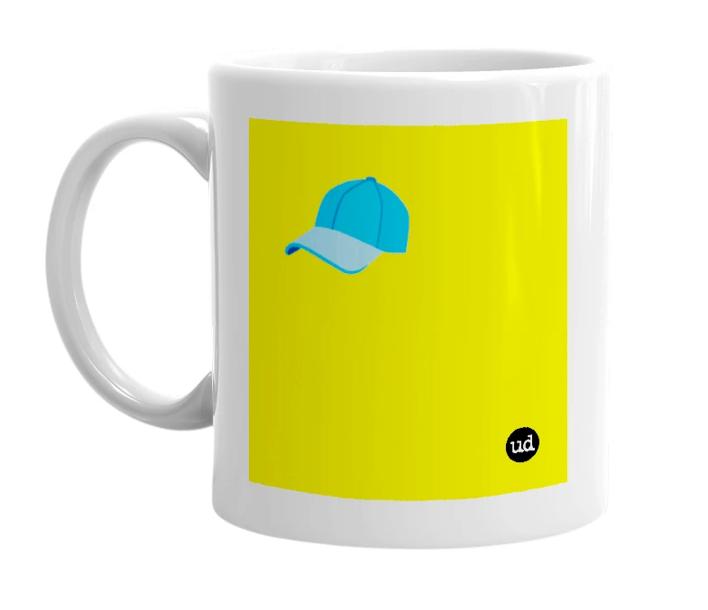 White mug with '🧢' in bold black letters