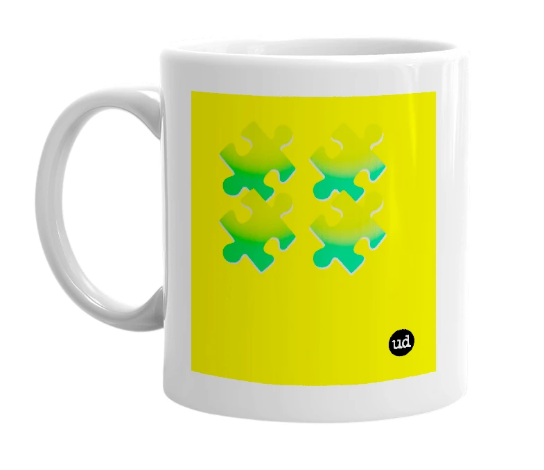 White mug with '🧩🧩🧩🧩' in bold black letters