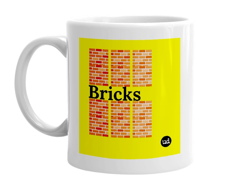White mug with '🧱🧱🧱🧱🧱🧱Bricks🧱🧱🧱🧱🧱🧱' in bold black letters