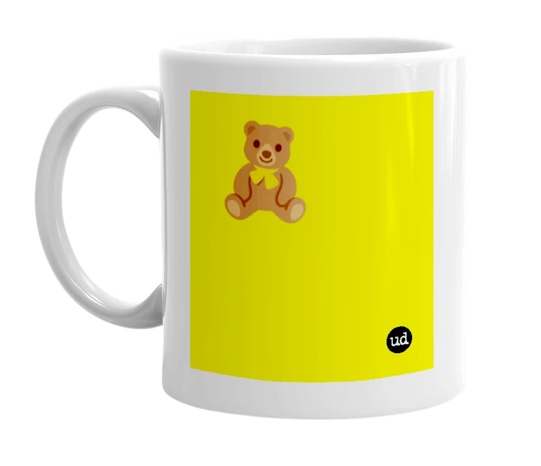 White mug with '🧸' in bold black letters