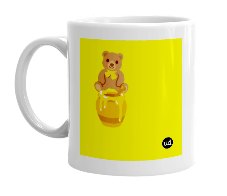 White mug with '🧸🍯' in bold black letters