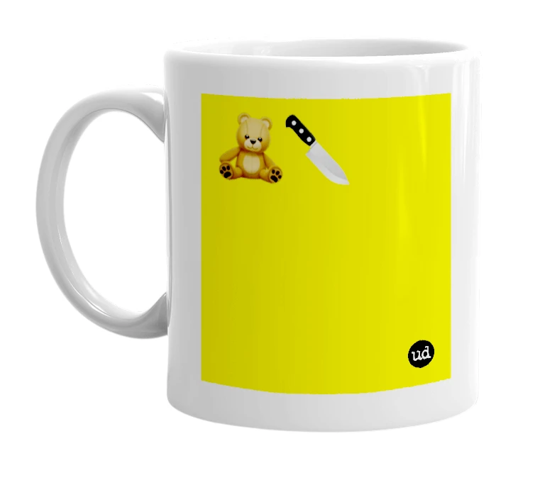 White mug with '🧸🔪' in bold black letters