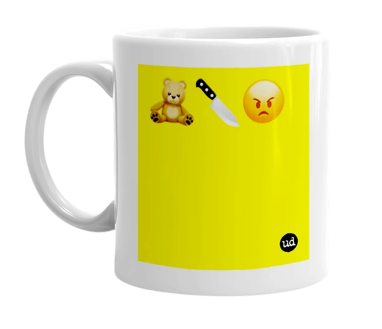 White mug with '🧸🔪😡' in bold black letters