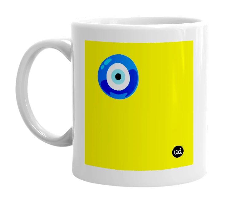 White mug with '🧿' in bold black letters