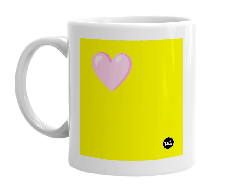 White mug with '🩷' in bold black letters