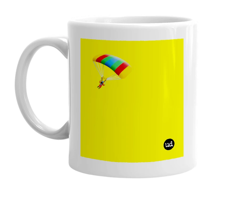 White mug with '🪂' in bold black letters