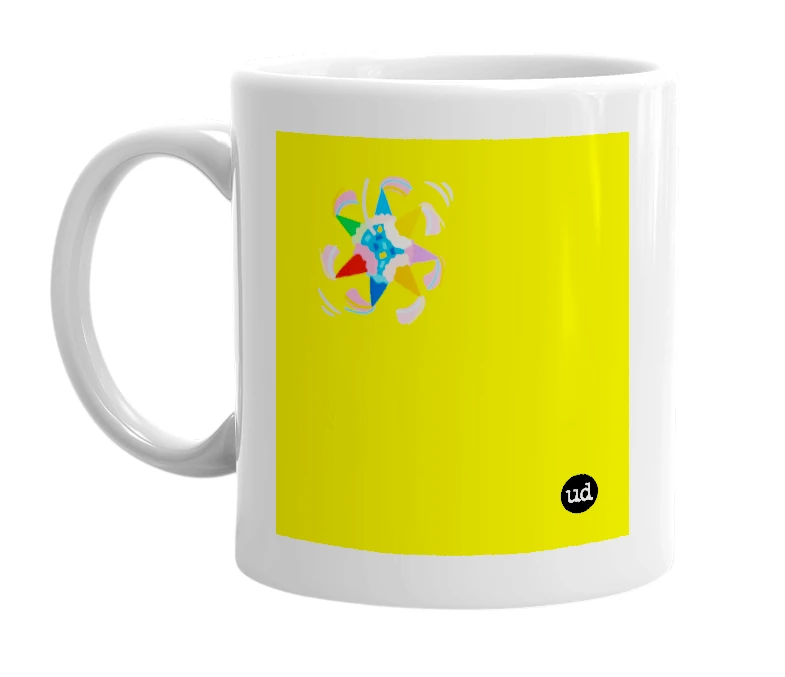 White mug with '🪅' in bold black letters