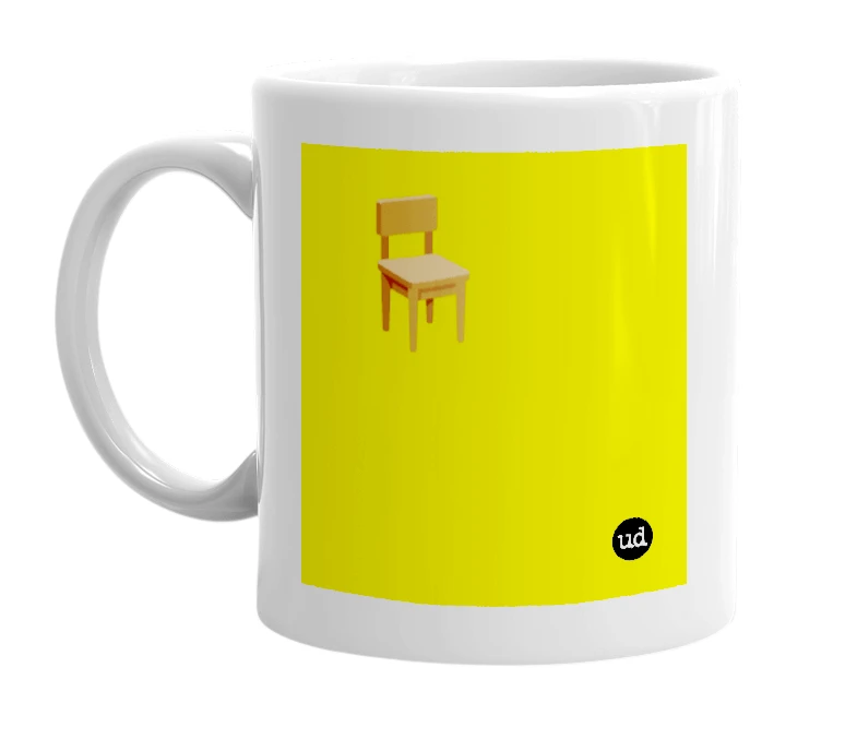White mug with '🪑' in bold black letters