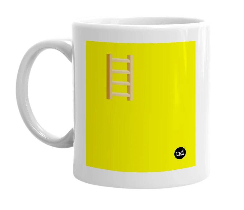 White mug with '🪜' in bold black letters