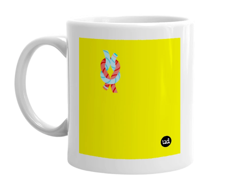 White mug with '🪢' in bold black letters