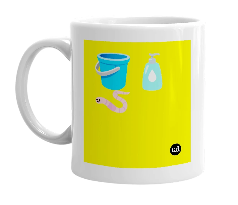 White mug with '🪣🧴🪱' in bold black letters