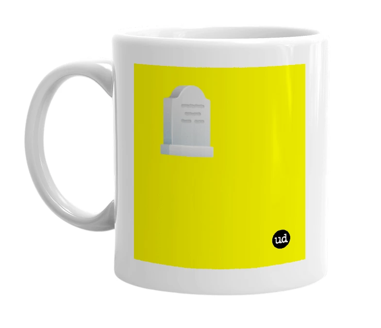 White mug with '🪦' in bold black letters