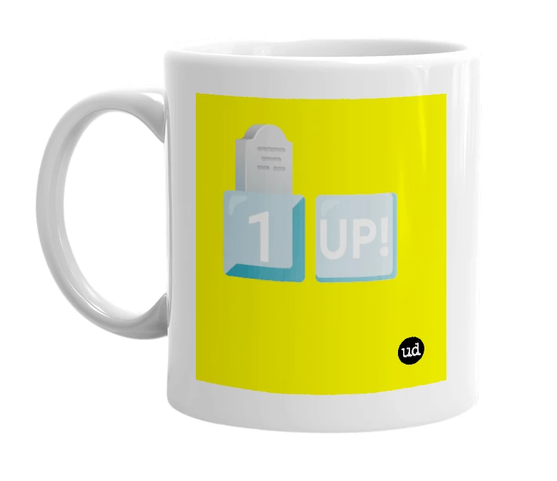 White mug with '🪦1️⃣🆙' in bold black letters