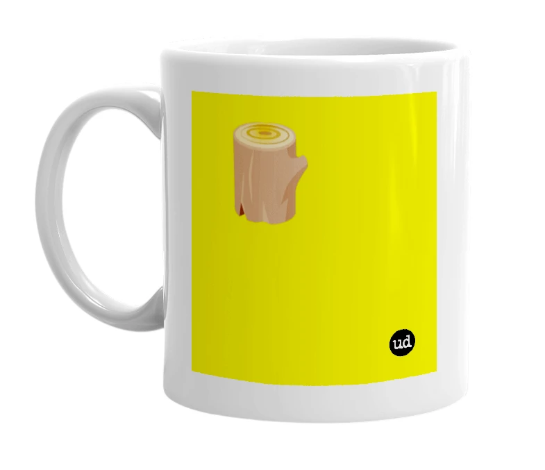 White mug with '🪵' in bold black letters
