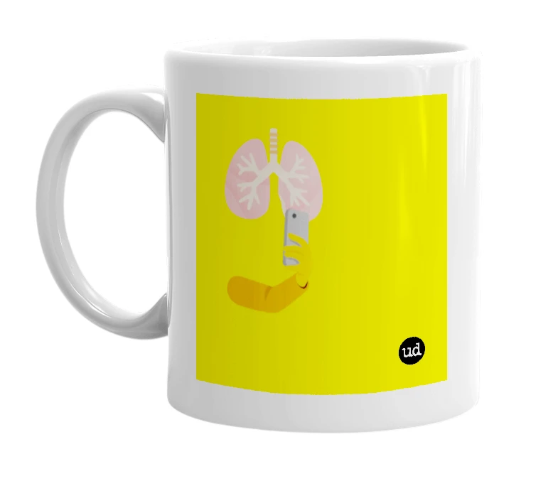 White mug with '🫁🤳' in bold black letters