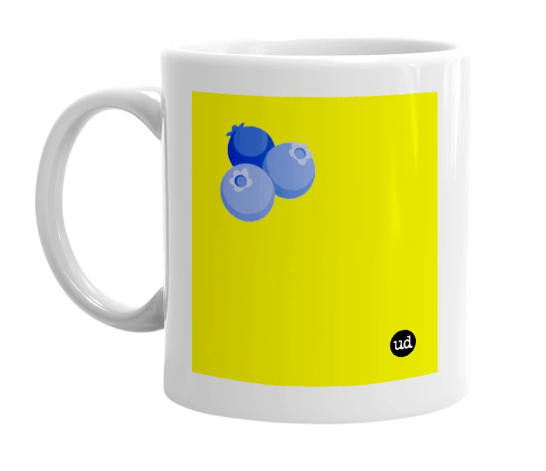 White mug with '🫐' in bold black letters
