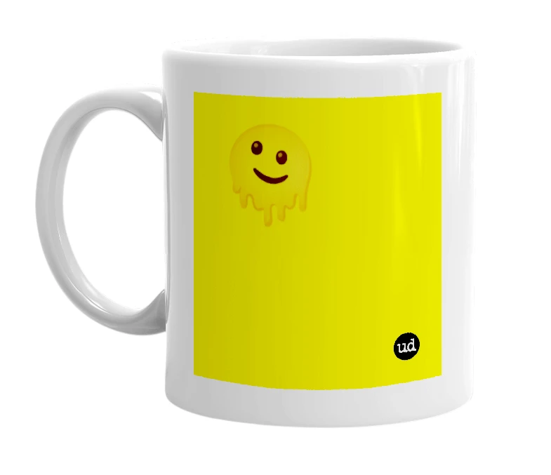 White mug with '🫠' in bold black letters