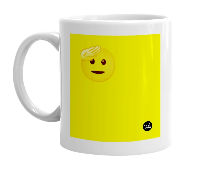 White mug with '🫡' in bold black letters