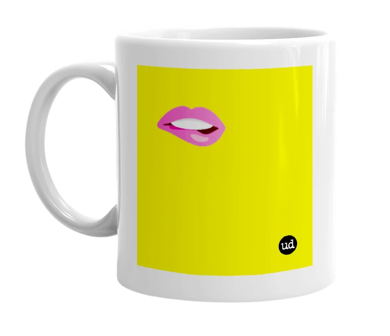 White mug with '🫦' in bold black letters