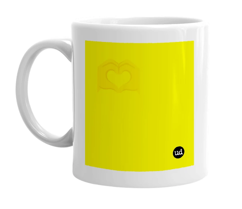 White mug with '🫶' in bold black letters