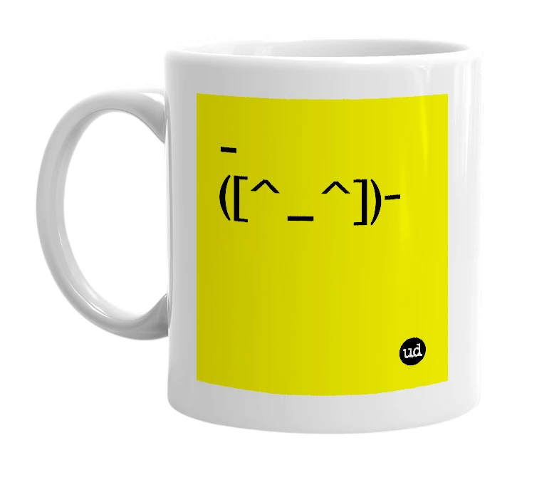 White mug with '-([^_^])-' in bold black letters