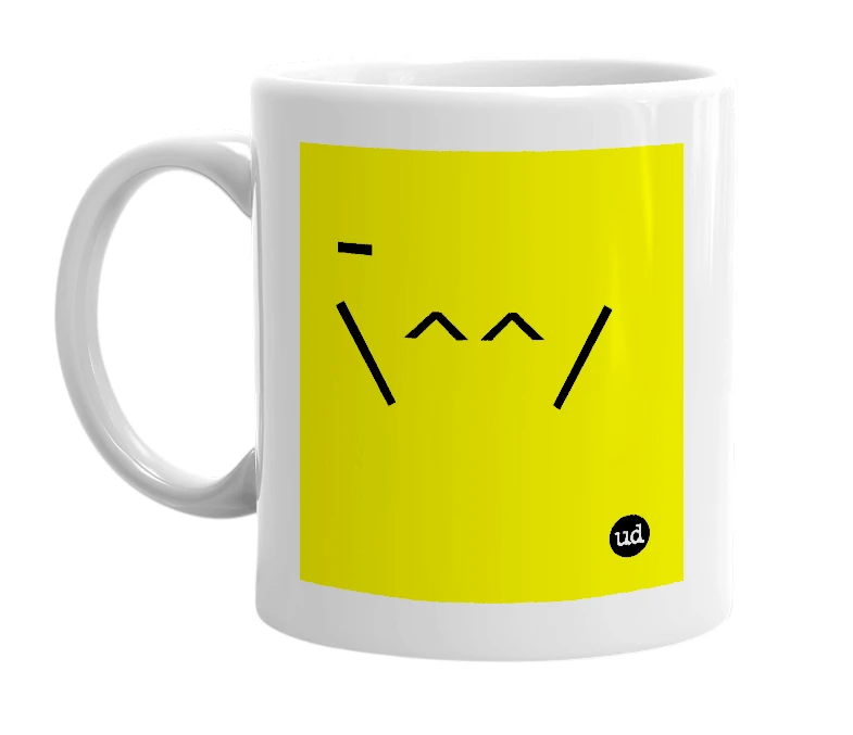 White mug with '-\^^/' in bold black letters