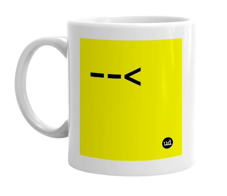 White mug with '--<' in bold black letters