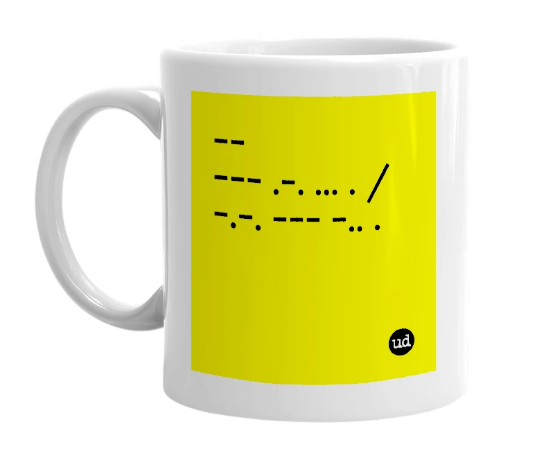 White mug with '-- --- .-. ... . / -.-. --- -.. .' in bold black letters