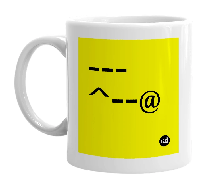 White mug with '---^--@' in bold black letters