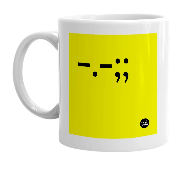 White mug with '-.-;;' in bold black letters