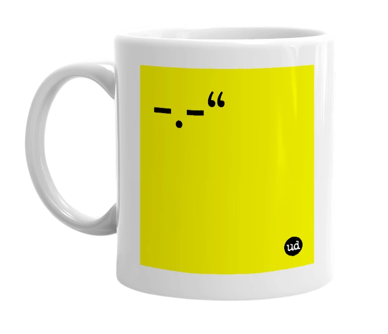White mug with '-.-“' in bold black letters
