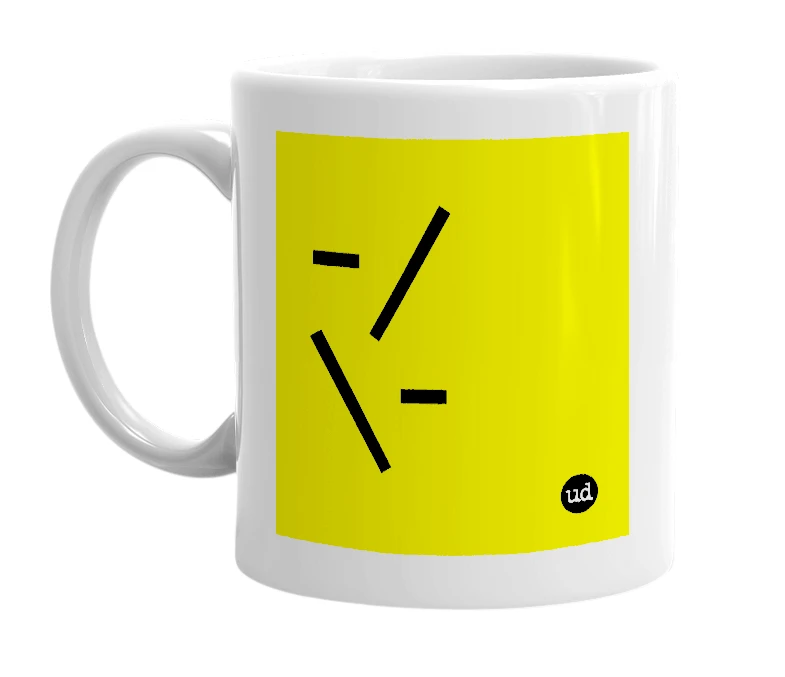 White mug with '-/\-' in bold black letters