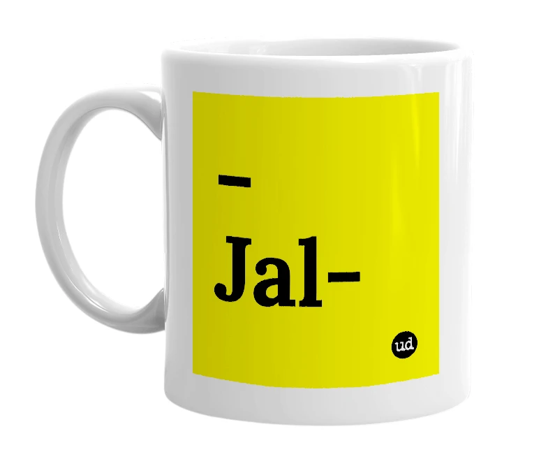 White mug with '-Jal-' in bold black letters
