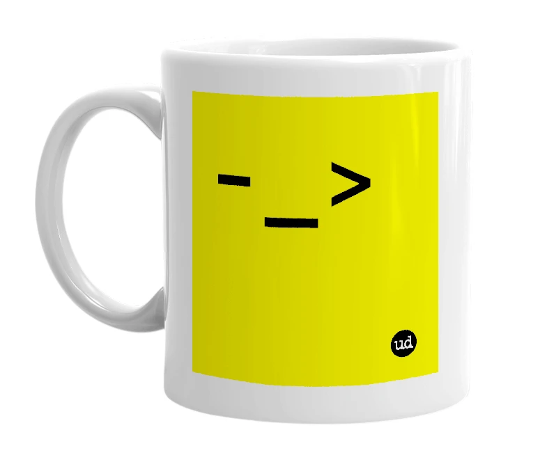 White mug with '-_>' in bold black letters