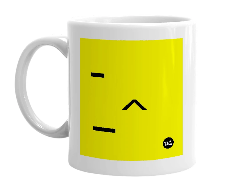 White mug with '-_^' in bold black letters