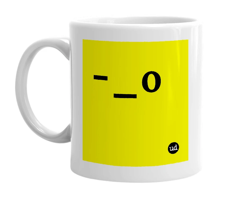 White mug with '-_o' in bold black letters