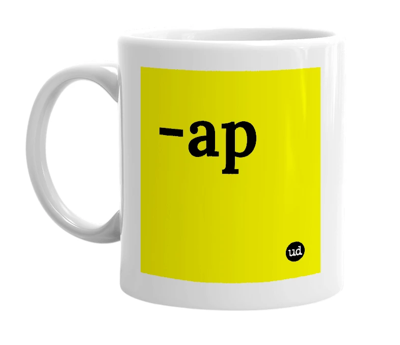 White mug with '-ap' in bold black letters