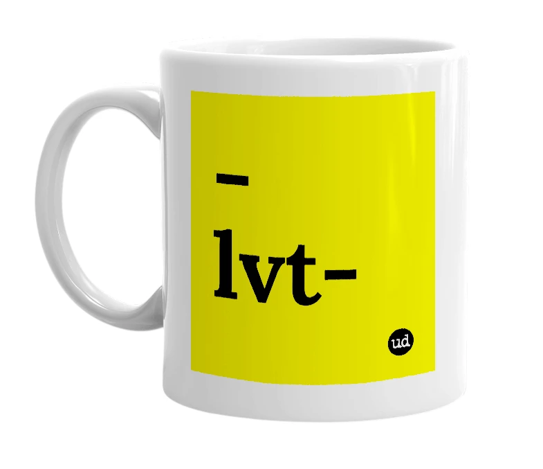 White mug with '-lvt-' in bold black letters