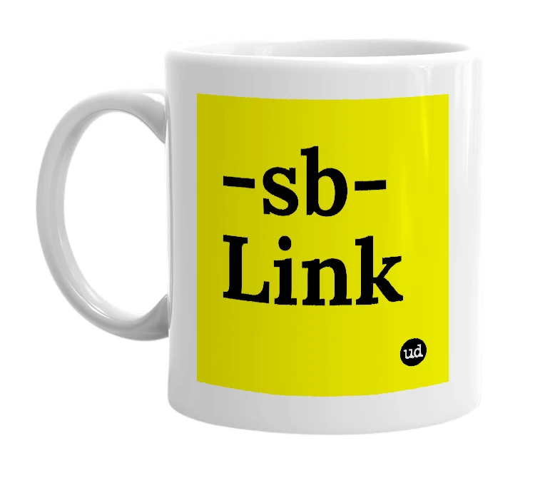 White mug with '-sb-Link' in bold black letters