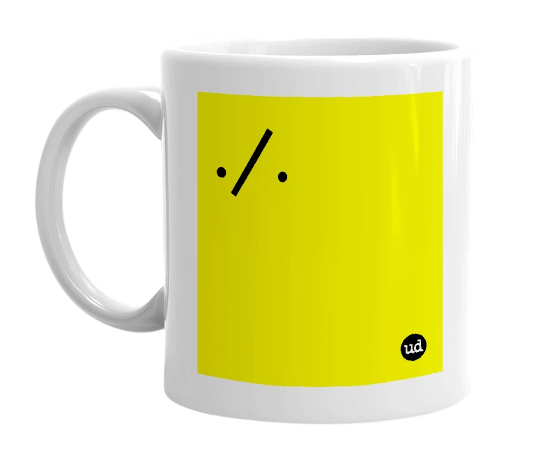 White mug with './.' in bold black letters