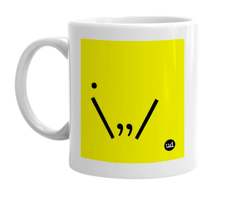 White mug with '.\,,/' in bold black letters