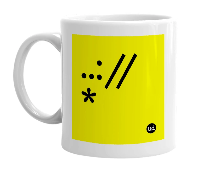 White mug with '..://*' in bold black letters