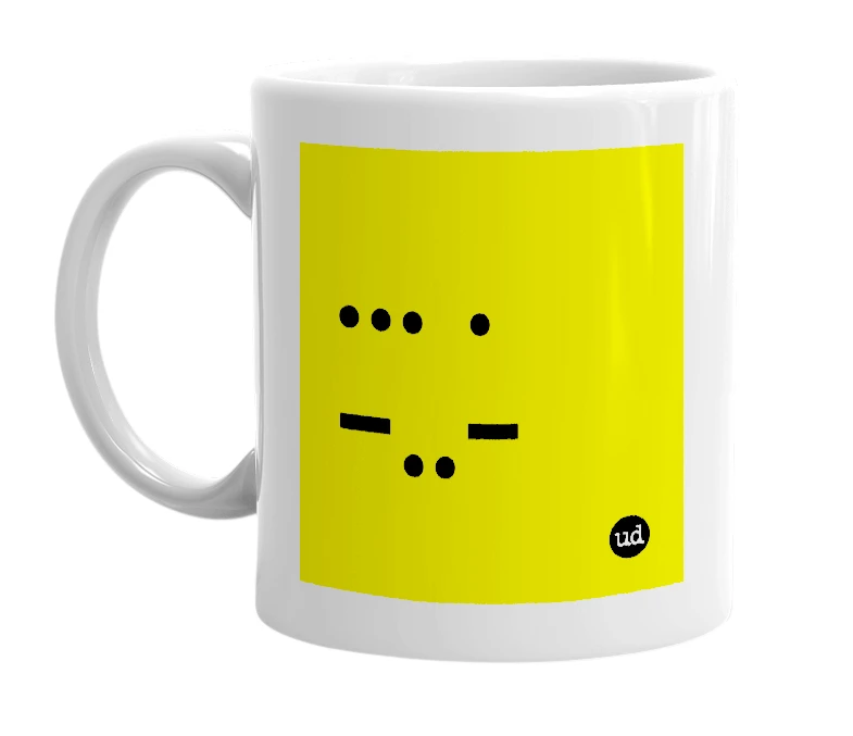 White mug with '... . -..-' in bold black letters
