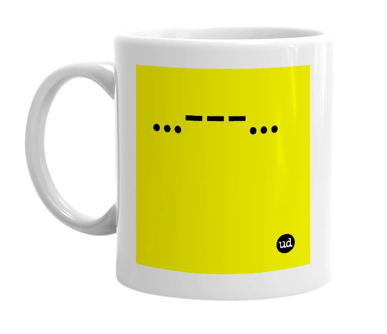 White mug with '...---...' in bold black letters