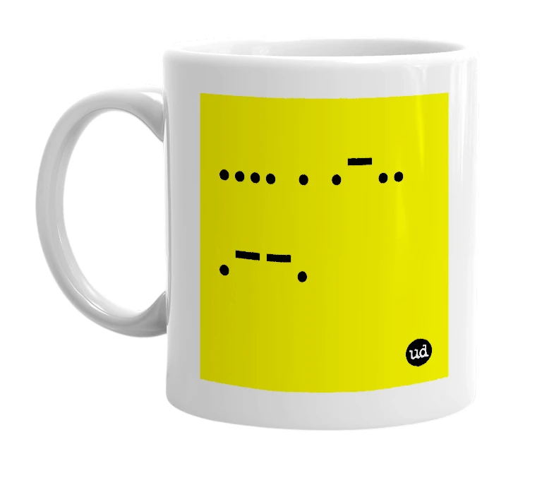 White mug with '.... . .-.. .--.' in bold black letters