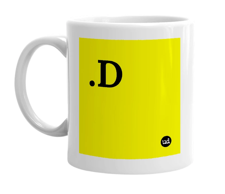 White mug with '.D' in bold black letters