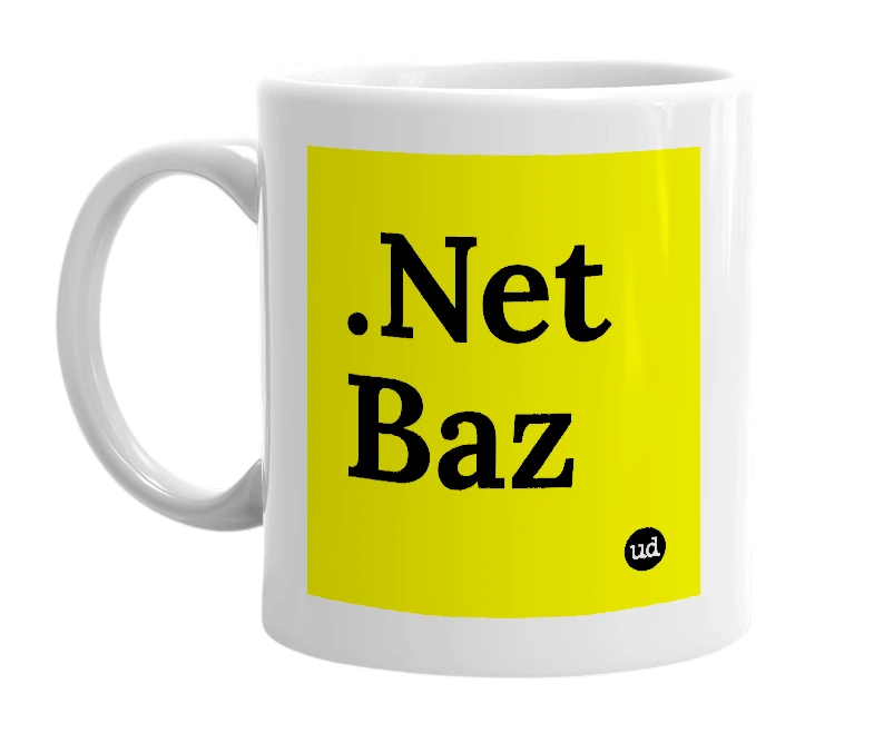 White mug with '.Net Baz' in bold black letters