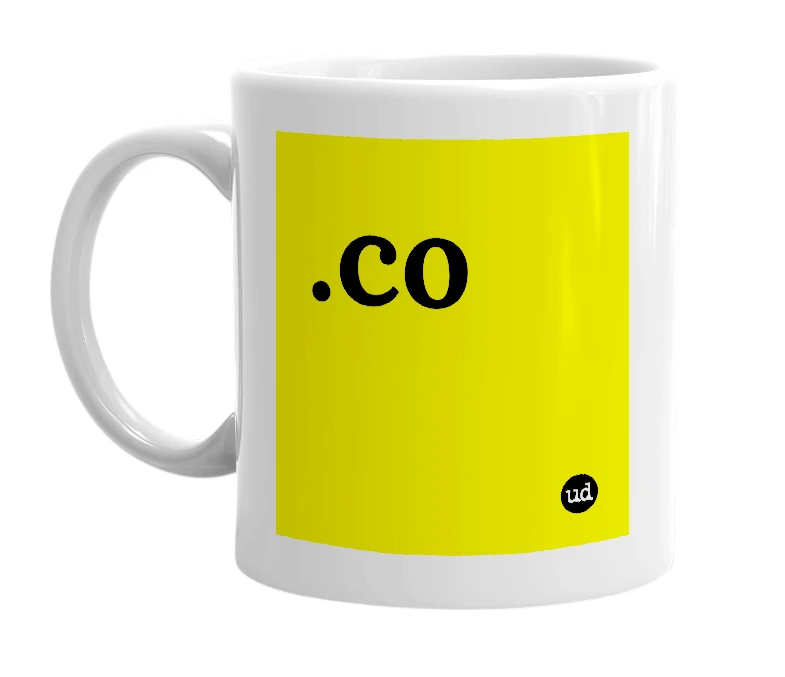 White mug with '.co' in bold black letters
