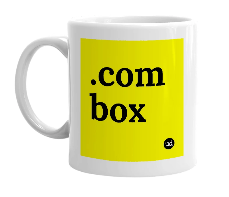 White mug with '.com box' in bold black letters